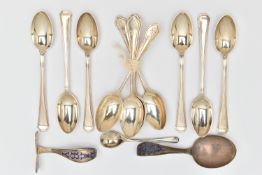 A SELECTION OF SILVER FLATWARE, to include a set of six Mappin & Webb coffee spoons, hallmark for