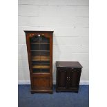 A LATE 20TH CENTURY MAHOGANY BOOKCASE, with a single glazed door, above a smaller cupboard door,