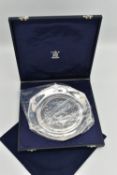 A CASED 'ROYAL MINT' WATERLOO SILVER SALVER, depicting a battle of Waterloo scene, with the Arms