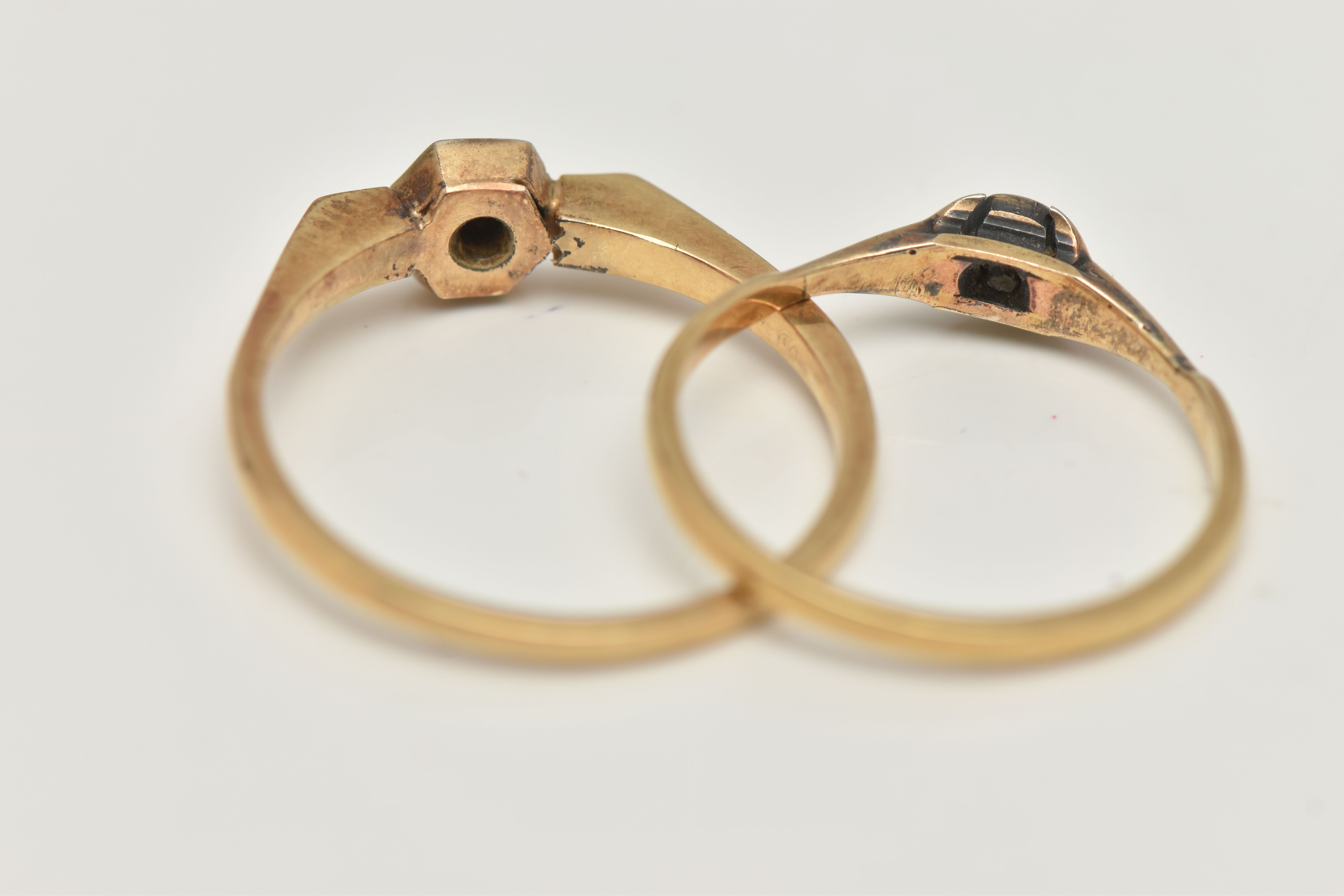 TWO DIAMOND RINGS, both set with single cut diamonds, with outer hexagonal settings, one stamped - Image 4 of 4