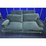 TWO LARGE LOAF SOFAS, with cadet blue velvet upholstery, label to back left hand side, largest