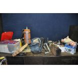 A SELECTION OF HOUSEHOLD AND LEISURE ITEMS including a car polisher, a scuba tank, weights and