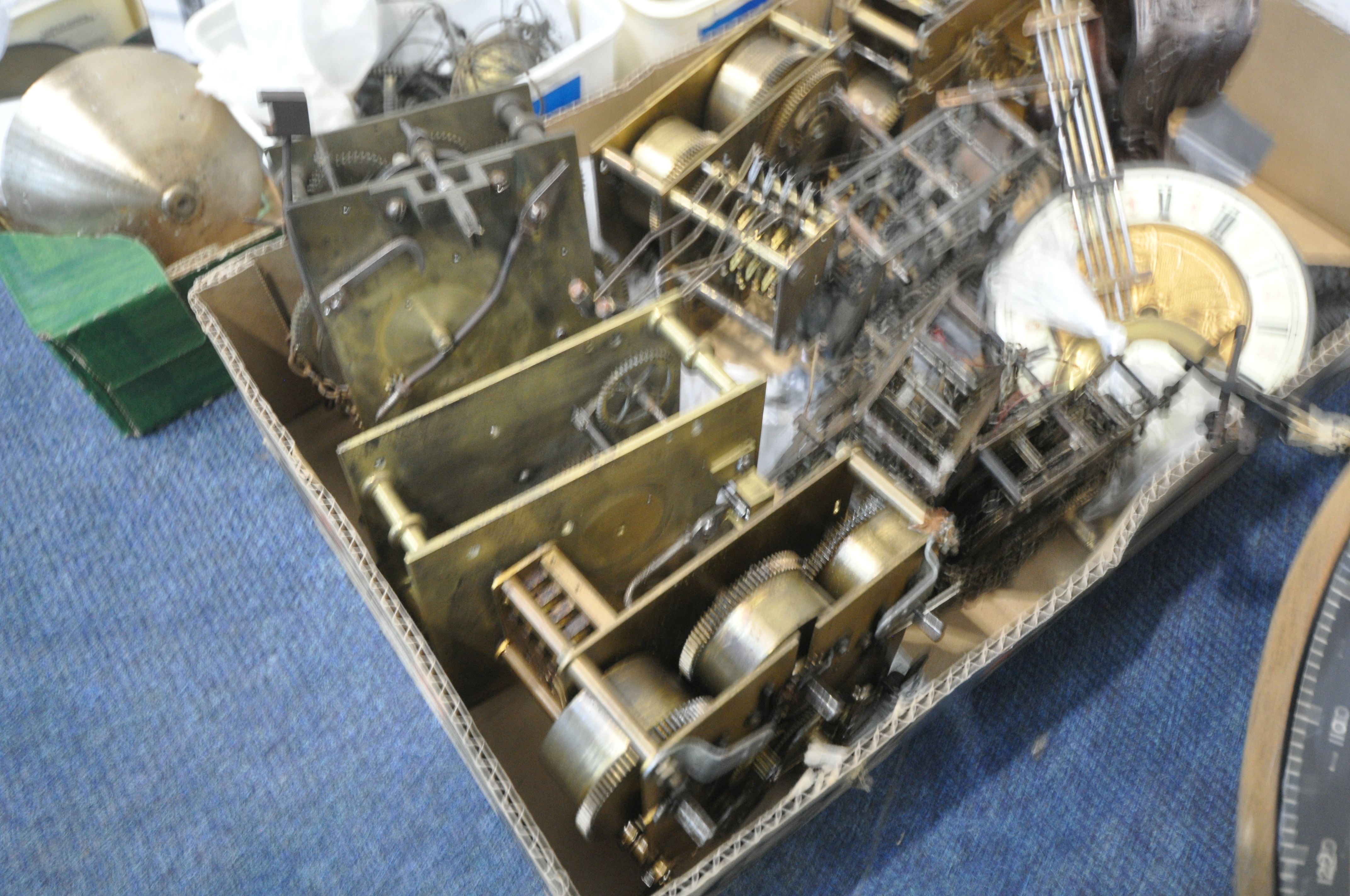 SIX TRAYS CONTAINING WATCHMAKERS TOOLS AND CLOCK PARTS, to include movements, weights, faces, - Image 9 of 19