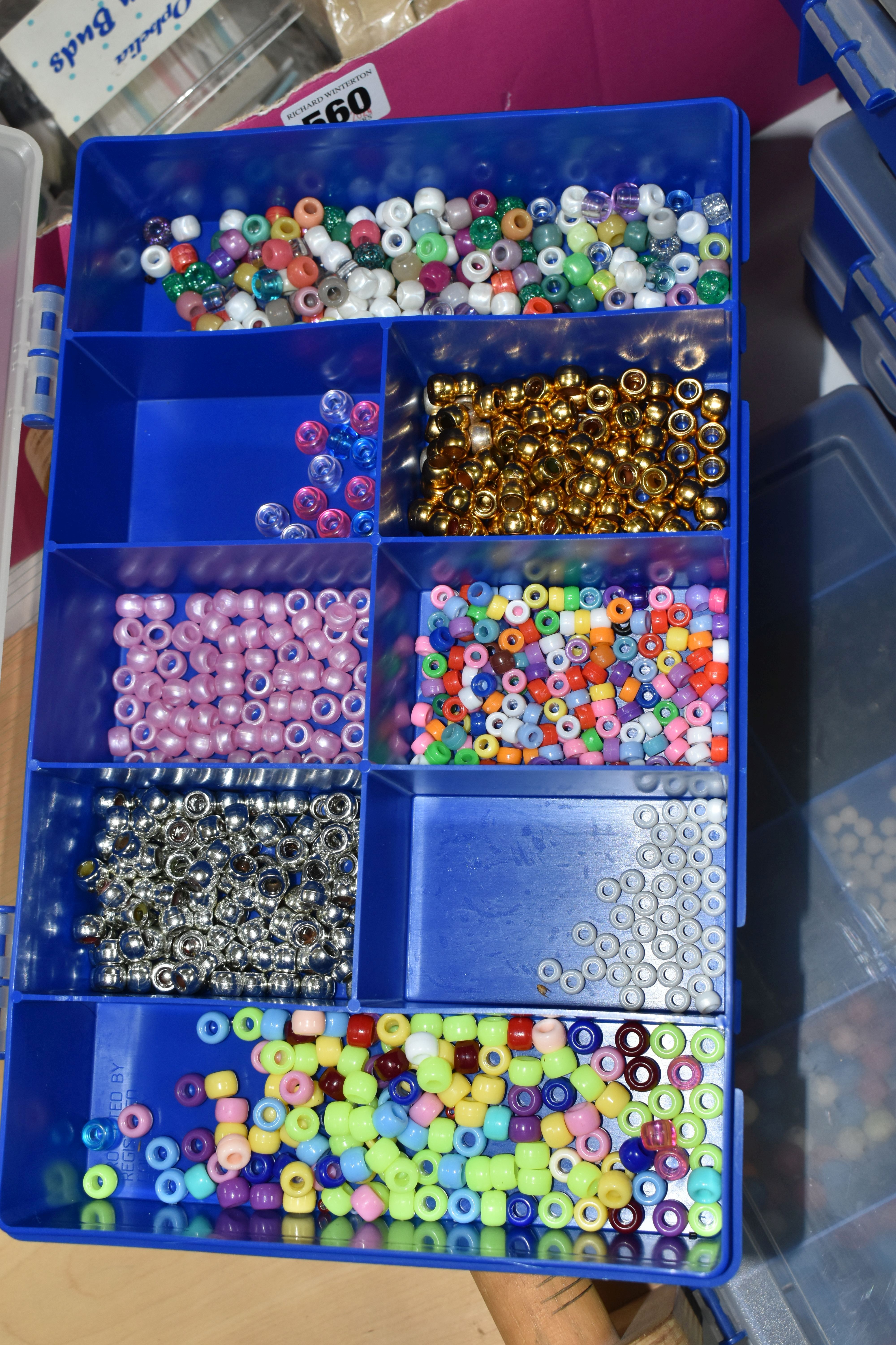 TWO BOXES AND LOOSE GLASS AND PLASTIC BEADS AND BEADING LOOM, to include twelve plastic storage - Image 3 of 10