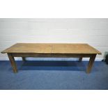 A LARGE RECTANGULAR PINE PLANK TOP TABLE, on block legs, length 273cm x depth 90cm x height 79cm (