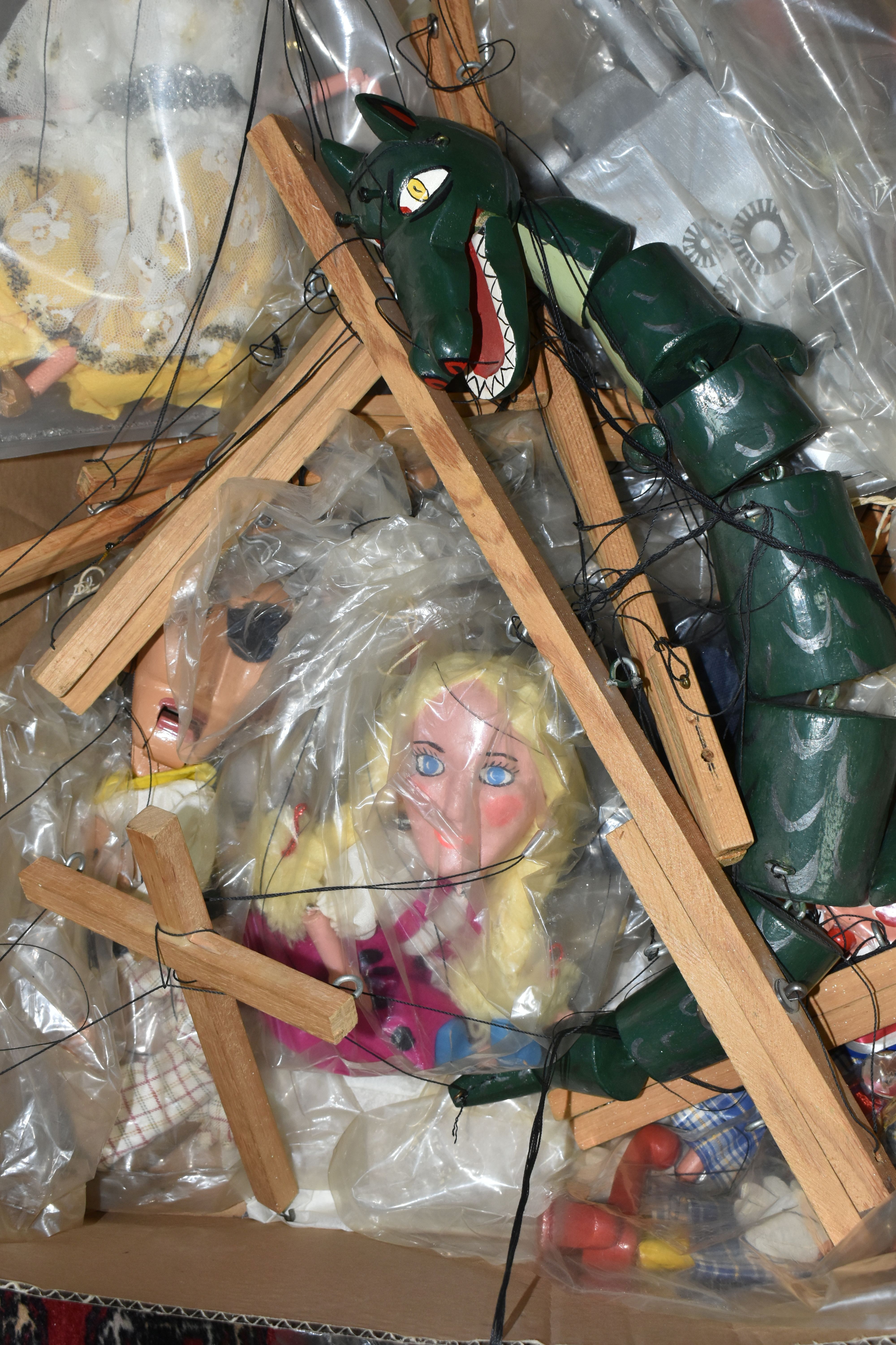 A BOX CONTAINING A PELHAM PINOCCHIO PUPPET AND ELEVEN HOMEMADE PUPPETS, Pinocchio unboxed, the other - Image 3 of 6