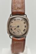 A SILVER GENTS WRISTWATCH, missing crown, manual wind, round discoloured silver dial, Roman