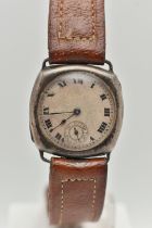 A SILVER GENTS WRISTWATCH, missing crown, manual wind, round discoloured silver dial, Roman