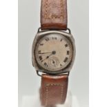A SILVER GENTS WRISTWATCH, missing crown, manual wind, round discoloured silver dial, Roman
