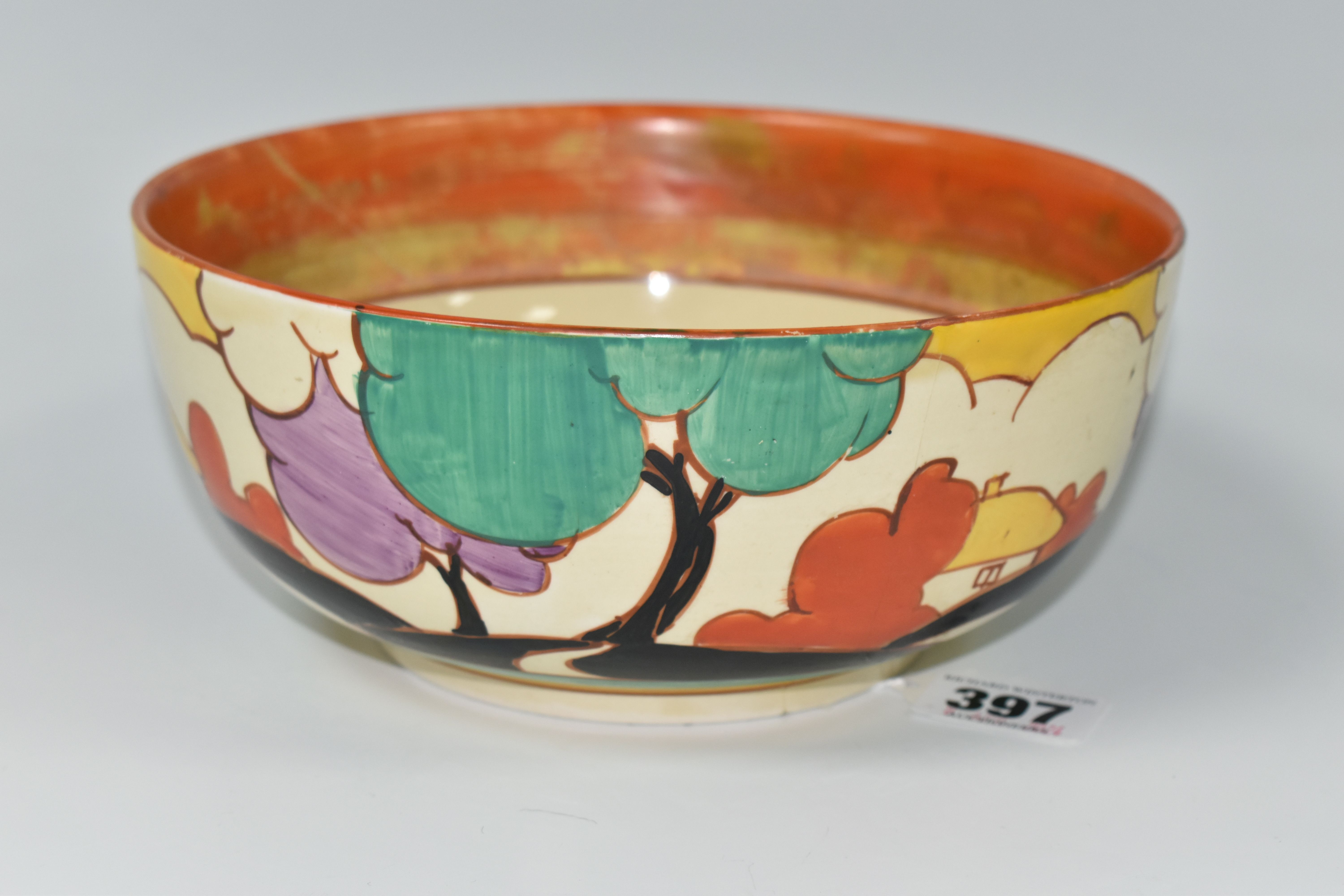 A CLARICE CLIFF FANTASQUE BIZARRE GREEN AUTUMN (BALLOON TREES) PATTERN BOWL, with extensive