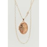 A 9CT GOLD LOCKET PENDANT AND CHAIN, oval floral pattern locket, opens to reveal two vacant