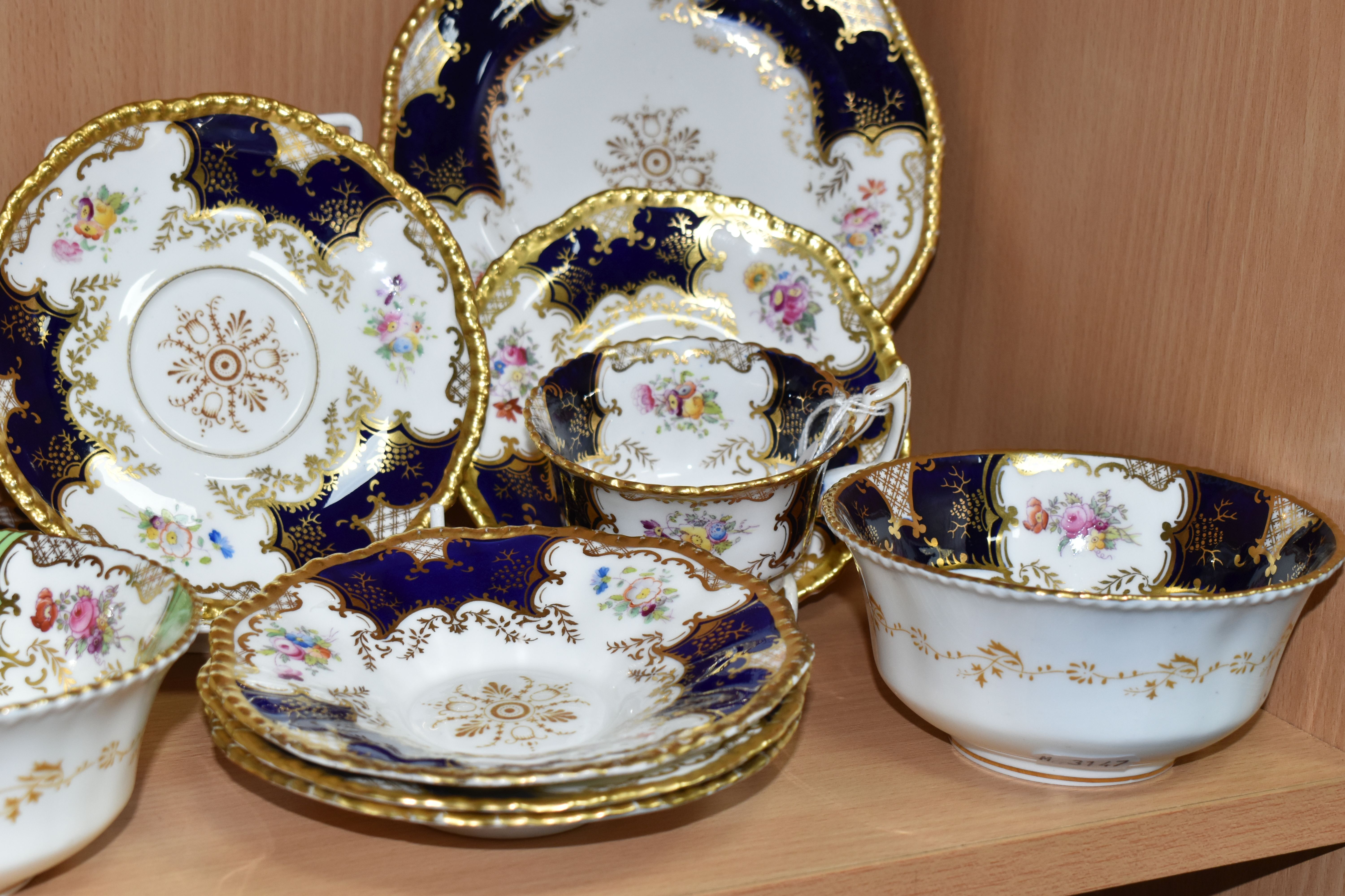 A GROUP OF COALPORT 'BATWING' TEA WARE, comprising in navy blue batwing pattern: a teacup (sounds - Image 7 of 9