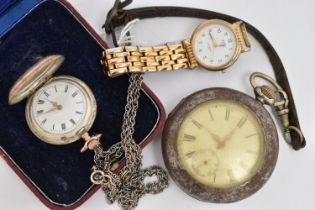 TWO POCKET WATCHES AND A WRISTWATCH, the first an open face pocket watch with black Roman numerals