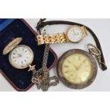 TWO POCKET WATCHES AND A WRISTWATCH, the first an open face pocket watch with black Roman numerals