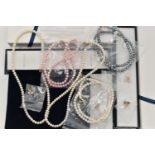 A BAG OF ASSORTED JEWELLERY, to include two single strands of cultured fresh water pearl