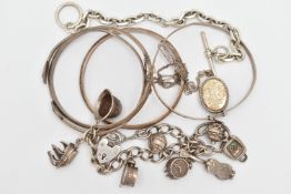 A BAG OF WHITE METAL JEWELLERY, to include four bangles, one hallmarked, one stamped 'Silver' and