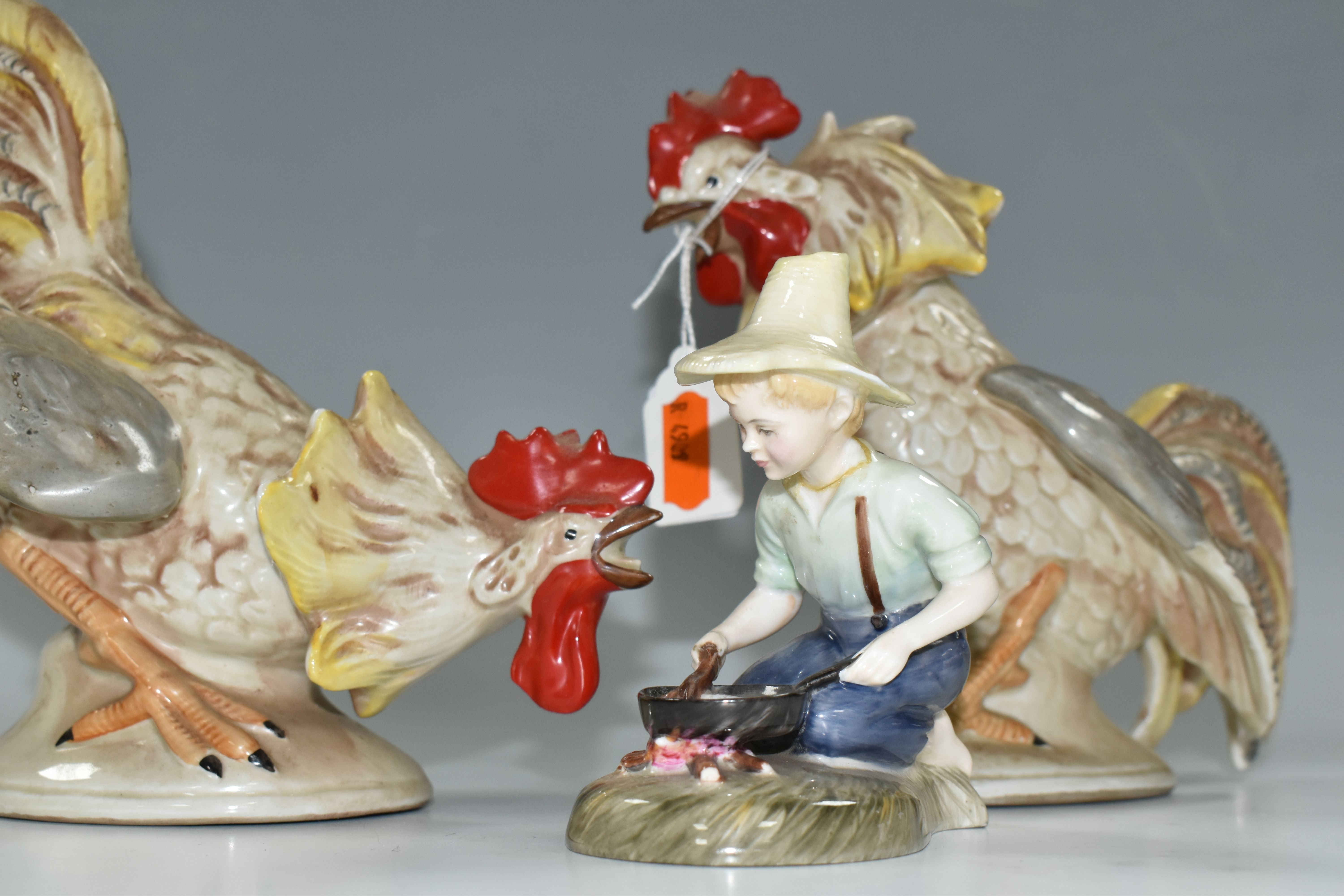 TWO 20TH CENTURY CONTINENTAL PORCELAIN FIGURES OF COCKERELS, posed as ready to fight each other, - Image 7 of 8