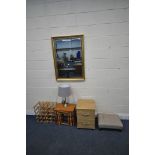 A GILT FRAMED RECTANGULAR BEVELLED EDGE WALL MIRROR, 100cm x 71cm, a two drawer bedside, a