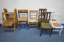 A VARIETY OF PERIOD CHAIRS, to include a set of four folding chairs, a set of three industrial
