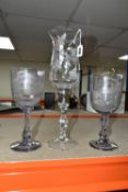 THREE PIECES OF ENGRAVED GLASS WARE, comprising a clear glass candle lantern with foliate decoration