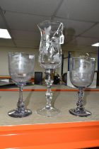 THREE PIECES OF ENGRAVED GLASS WARE, comprising a clear glass candle lantern with foliate decoration