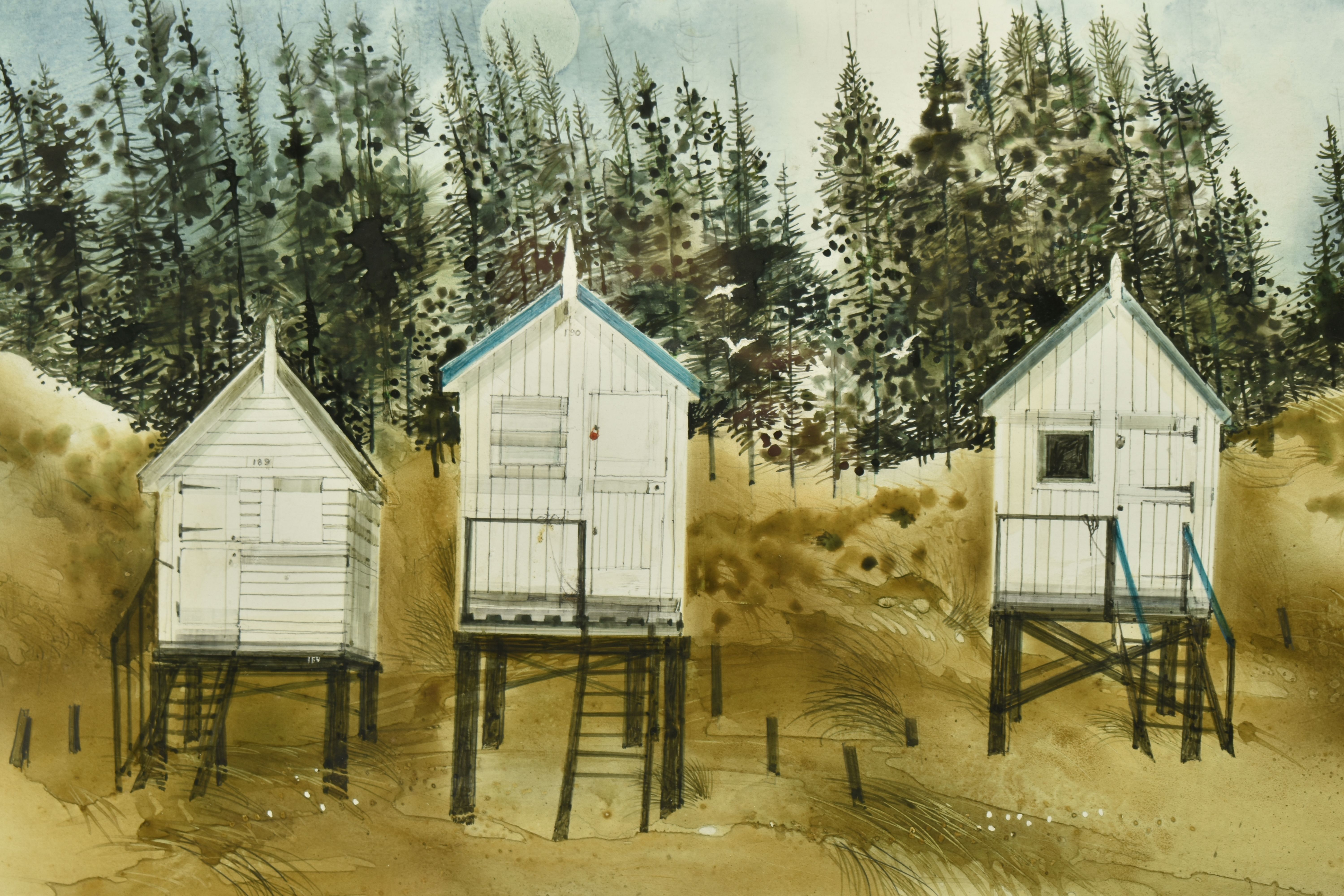 ATTRIBUTED TO RONALD MADDOX (1930-2018) 'BEACH HUTS, HOLKHAM - AUTUMN', a coastal landscape with - Image 3 of 13