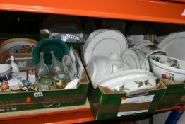 FIVE BOXES AND LOOSE DINNERWARE AND ORNAMENTS, to include Royal Doulton 'Simplicity' pattern