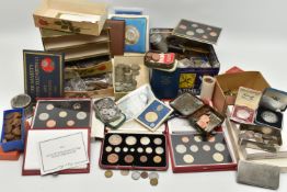 A HEAVY PLASTIC TUB CONTAINING MIXED COINAGE, to include a 1937 Specimen Set of 15 coins Crown -