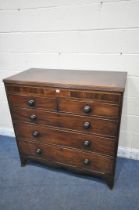 A 19TH CENTURY MAHOGANY CHEST OF TWO SHORT OVER THREE LONG DRAWERS, with a long hidden drawer to