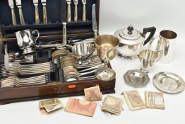 CANTEEN OF CUTLERY, WHITE METAL WARE AND BANKNOTES, to include a wooden canteen with stainless steel