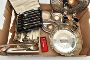 A BOX OF ASSORTED WHITE METAL WARE, to include a 'Walker & Hall' silver plate pierced basket tray, a