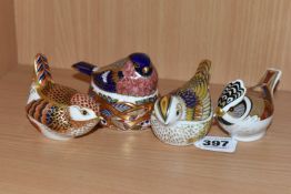 FOUR ROYAL CROWN DERBY BIRD PAPERWEIGHTS, comprising 'Collectors Guild Crested Tit', chipped beak,