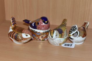 FOUR ROYAL CROWN DERBY BIRD PAPERWEIGHTS, comprising 'Collectors Guild Crested Tit', chipped beak,