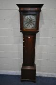 A MAHOGANY EIGHT DAY LONGCASE CLOCK, with box strung inlay, the hood with a glazed door, enclosing a
