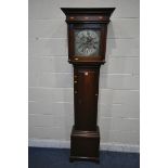 A MAHOGANY EIGHT DAY LONGCASE CLOCK, with box strung inlay, the hood with a glazed door, enclosing a