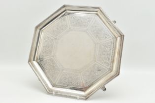 A VICTORIAN SILVER SALVER, octagonal form salver etched with floral detail in eight panels following