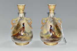 TWO ROYAL WORCESTER TWIN HANDLED BALUSTER VASES, HAND PAINTED WITH PHEASANTS BY JAMES STINTON,