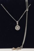 A 9CT WHITE GOLD DIAMOND PENDANT AND WHITE METAL CHAIN, a circular cluster pendant, set with a
