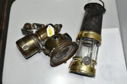 A JOSEPH LUCAS CALCIA CLUB CARBIDE MOTORCYCLE OR BICYCLE LAMP, with a Patterson & Co. type AD Miners