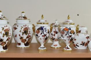 A GROUP OF COALPORT 'HONG KONG' PATTERN GINGER JARS AND URNS, comprising two covered urns with
