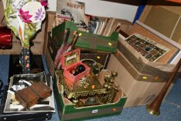 FOUR BOXES AND LOOSE METALWARE, BOOKS, EPHEMERA, PICTURES AND SUNDRY ITEMS, to include a Cadbury