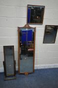 A MAHOGANY AND INLAID WALL MIRROR, 45cm x 140cm, a small oak cheval mirror, two other wall mirrors
