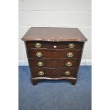 A GEORGIAN MAHOGANY SERPENTINE CHEST OF FOUR DRAWERS, on bracket feet, width 80cm x depth 53cm x