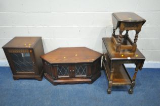 A PRIORY OAK TWO TIER DROP LEAF TEA TROLLEY, with a single drawer, a small drop leaf table, a lead
