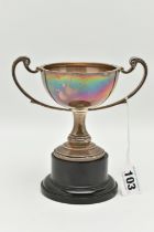 A SILVER TROPHY CUP WITH PLINTH, polished double handled cup, hallmarked 'A L Davenport Ltd'