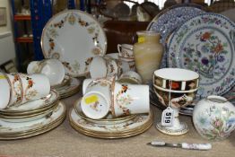 A GROUP OF CERAMICS, A HANDBAG AND AN ONYX VASE, to include a Royal Crown Derby Imari 1128 goblet,