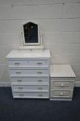 A WHITE CHEST OF FIVE DRAWERS, width 77cm x depth 42cm x height 97cm, a two drawer bedside chest and