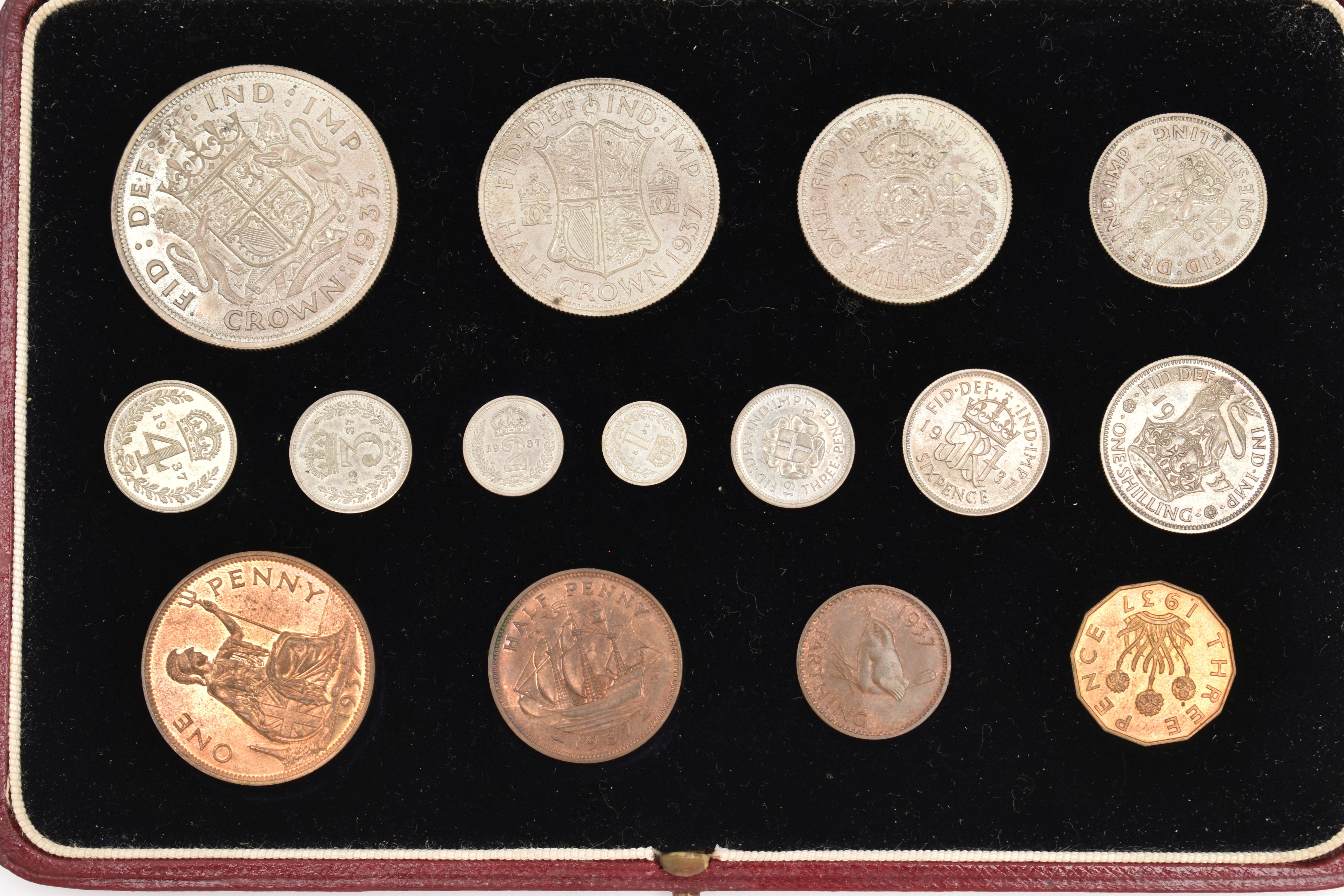 A 1937 SPECIMEN COIN SET AND CASED ROYAL MINT SILVER PROOF £2 COIN, from Crown, Half Crown, Two - Image 3 of 7