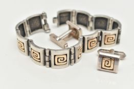 A BI COLOUR GREEK BRACELET AND CUFFLINKS, a white metal bracelet comprised of twelve square
