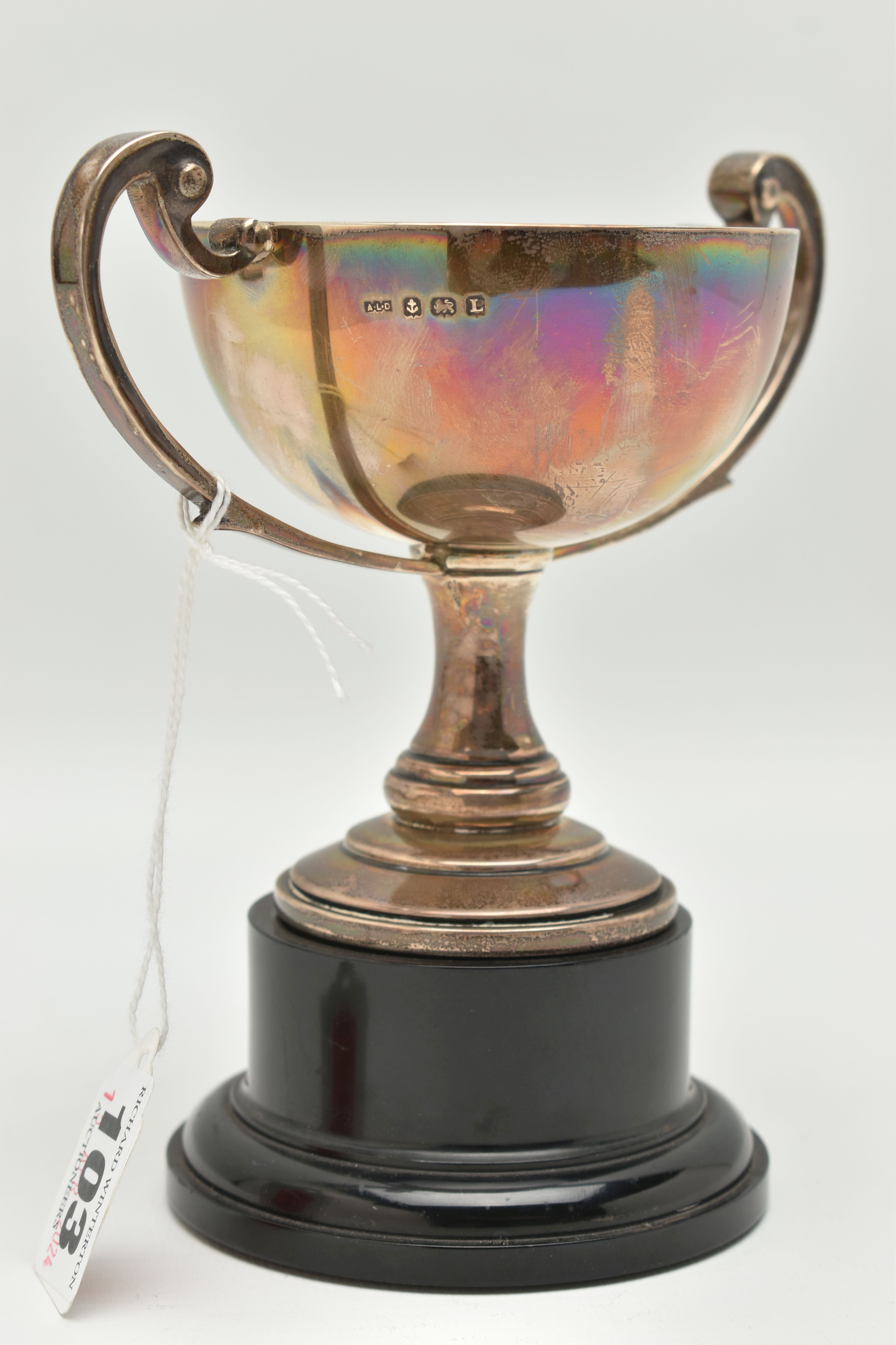 A SILVER TROPHY CUP WITH PLINTH, polished double handled cup, hallmarked 'A L Davenport Ltd' - Image 3 of 4